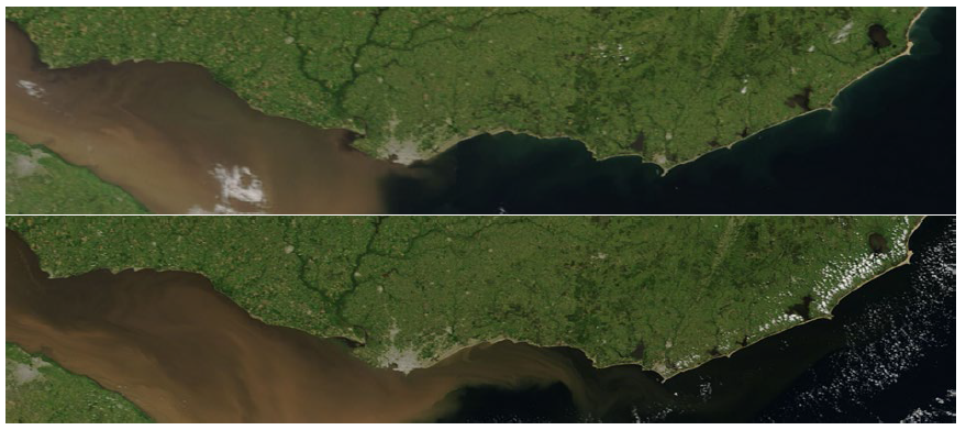 Pluma de descarga marcada por el frente de turbidez del Río de la Plata (arriba corresponde al día 22 de enero y abajo al día 5 de febrero de 2019). Imagen satelital visible del sensor MODIS-AQUA (AERONET-CEILAP-BA-Subset-Aqua-1 km-True-Color).