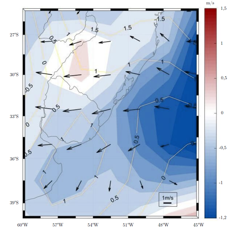 Composite de dirección y velocidad del viento (19 enero - 5 febrero de 2019). En azul y rojo se indican la anomalía de velocidad del viento en superficie. Los vectores representan la magnitud y sentido medios de los vientos. En contornos amarillos se indica la anomalía de temperatura del aire a 2 m de altura sobre la superficie del agua.