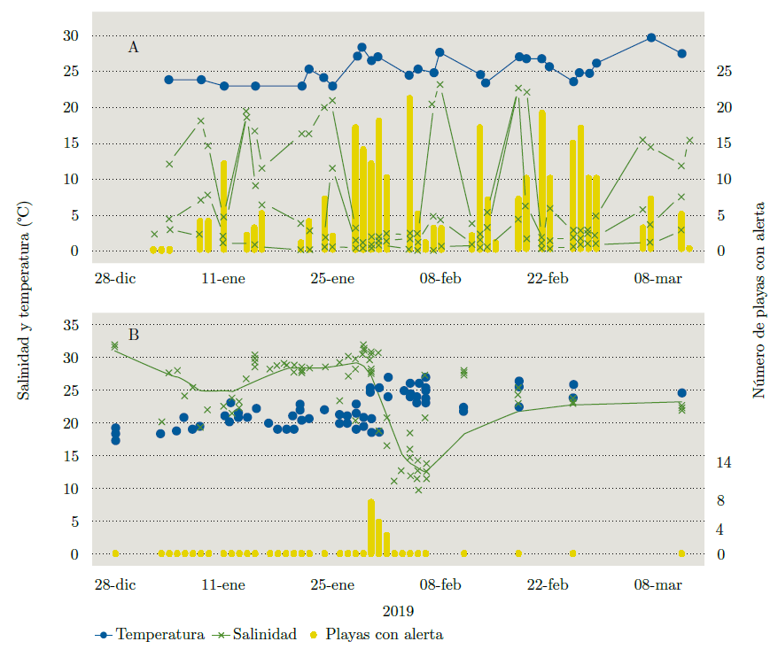 Variación temporal de los valores de salinidad, temperatura y número de floraciones en A) Montevideo y B) Rocha. Se ha representado en barras el número de playas que diariamente presentaban presencia o espuma cianobacteriana en tres playas en Montevideo (Ramírez en el centro de la zona costera, La Colorada al oeste y Miramar al este) (A) y en todas las playas estudiadas de Rocha, en La Paloma (B). Se aplicaron regresiones ponderadas localmente (Lowes) para representar los cambios de salinidad en las playas de La Paloma, Rocha (línea continua verde en B).