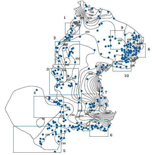 Ubicación de pozos de observación de niveles piezométricos y curvas piezométricas.