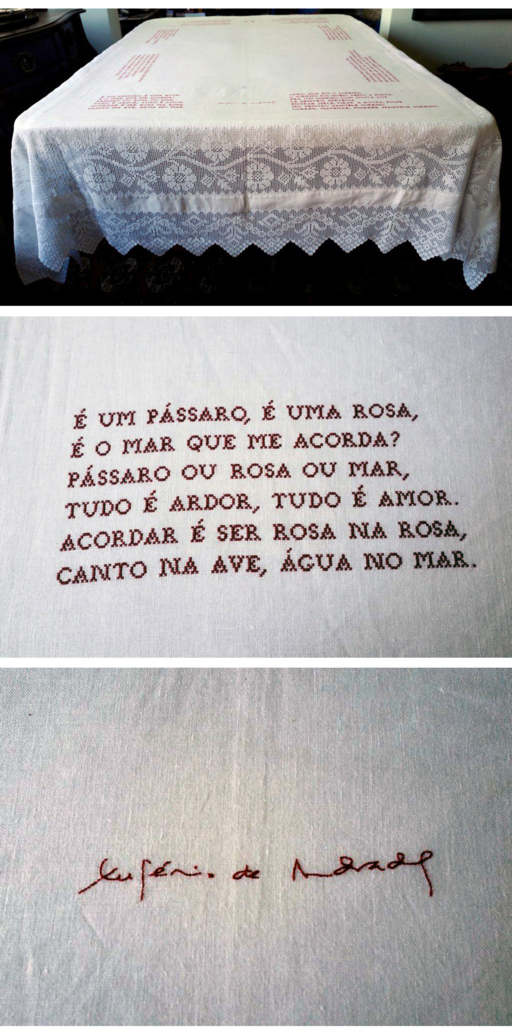 Fátima Carvalho, Linen tablecloth embroidered with red cotton yarn dedicated to the poet Eugénio de Andrade 1996-98. 240 × 180 cm.