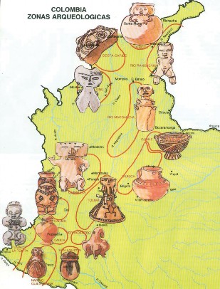 Mapa arqueológico de Colombia con ilustraciones de culturas alfareras. Gran Enciclopedia de Colombia (Bogotá: Círculo de Lectores, 1993), vol. 6 (Arte), 44.