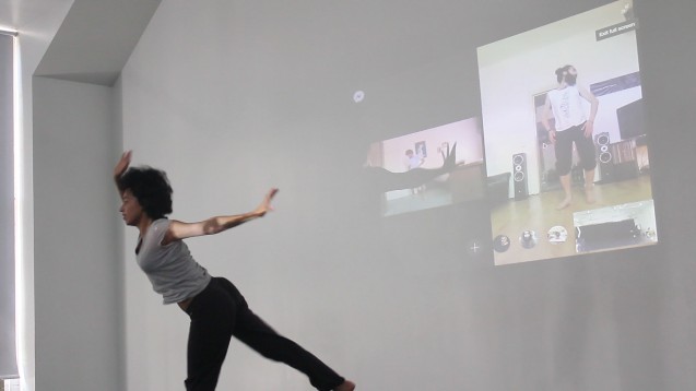 Experimenting with archiving gestures over the internet; me at Dance Base in Edinburgh, Hamza on the left in his bedroom in Nablus, and Fadi on the right in his sitting room in Berlin (May 2017). ©Maciej Czajka.