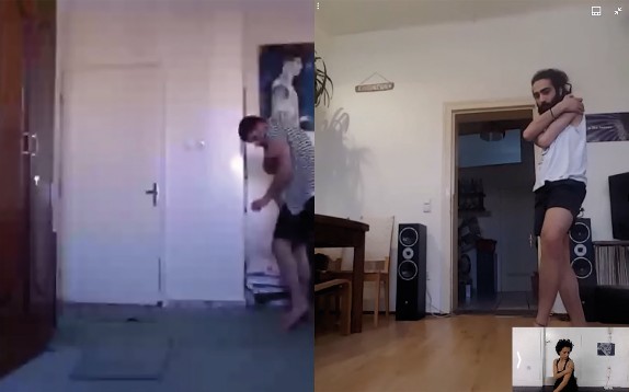 Hamza in Nablus reenacting his brother’s shooting scene, while Fadi in Berlin and Farah in Edinburgh embody his gestures over Skype.
