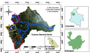 Ubicaci&oacute;n espacial de las estaciones de muestro (Colombia &ndash; Antioquia &ndash; El Carmen de Viboral &ndash; Cuenca Saman&aacute; Norte y estaciones)