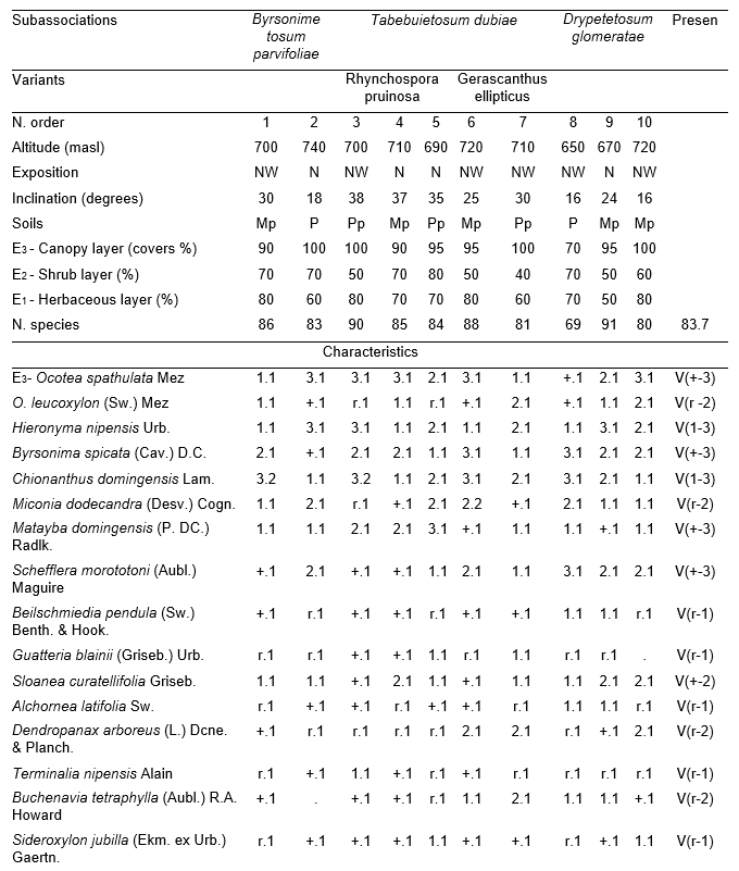 Alsophyllo minoris-Ocoteetum spathulatae in the ophiolitic rainforests of Altiplanicie de Nipe. NW &ndash; northwest, NNW &ndash; north-northwest. P - deep, Mp - moderate deep, Pp - shallow.