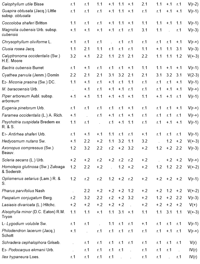 Alsophyllo minoris-Ocoteetum spathulatae in the ophiolitic rainforests of Altiplanicie de Nipe. NW &ndash; northwest, NNW &ndash; north-northwest. P - deep, Mp - moderate deep, Pp - shallow.