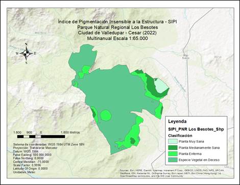 Representación Geográfica del Índice de Pigmentación Insensible a la Estructura – SIPI del Parque Natural Regional Los Besotes.