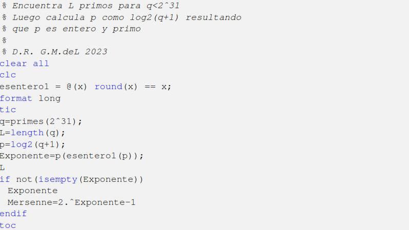 Cdigo para obtener el exponente de Mersenne