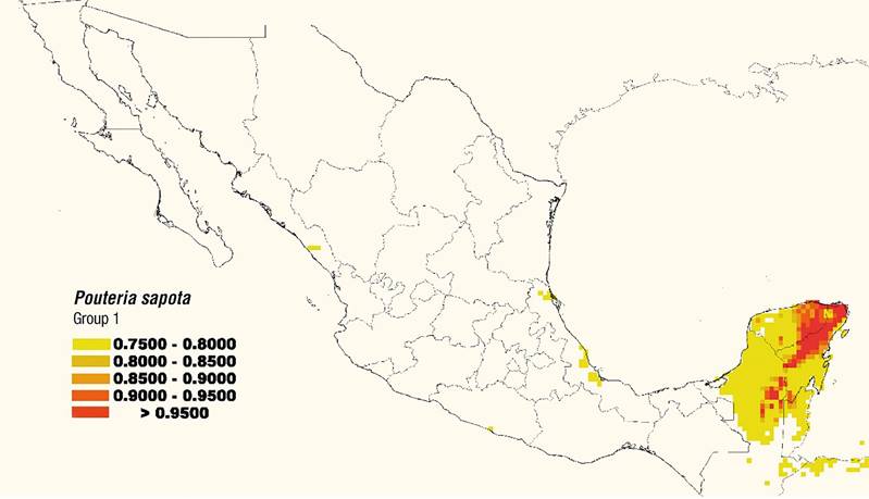 Estimated distribution map of Group 1 (climate Aw) of mamey sapote (Pouteria sapota [Jacq. ] H. E. Moore & Steam) in Mexico.