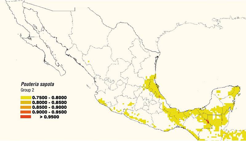 Estimated distribution map of Group 2 (climate Am) of mamey sapote (Pouteria sapota [Jacq.] H. E. Moore & Steam) in Mexico. 