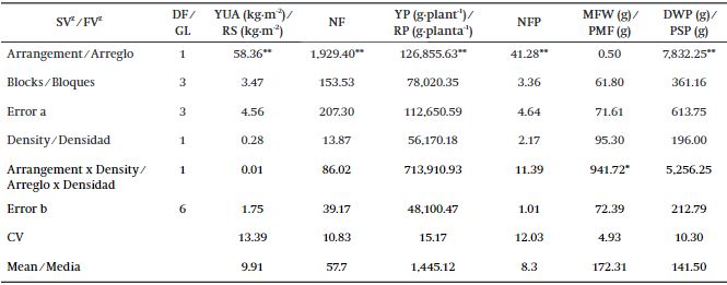 Analysis of variance of yield characters and components in bell pepper, established in two arrangements and two planting densities. 
