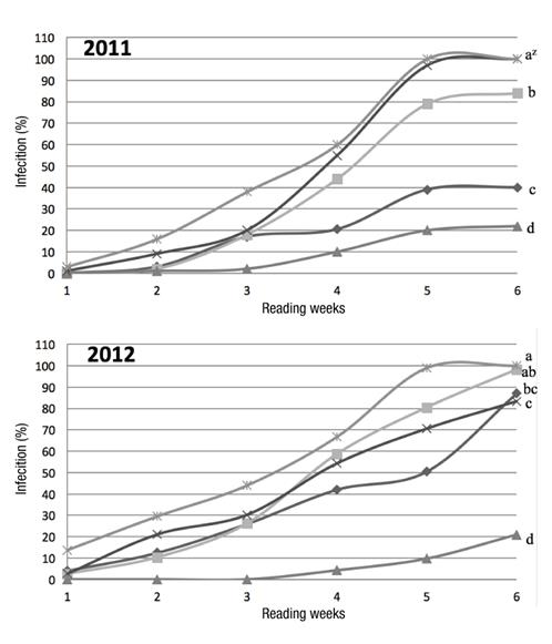 Progress of foliar infection: metalaxil, fosetyl-Al,  mandipropamid,  ciazofamid,  control. zLines with the same letter do not differ statistically (Tuckey, P &le; 0.05).