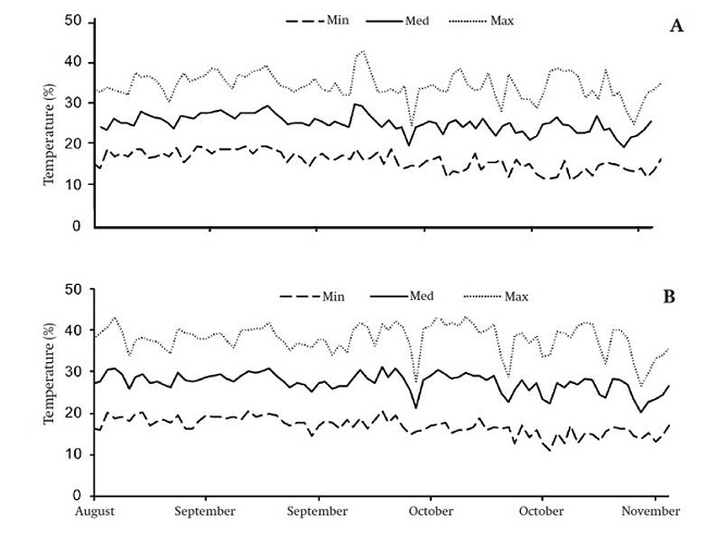 Daytime (7:00 to 19:00 h) temperature behavior within greenhouses for control (A) and high temperature (B) treatments during development of the fourth-cluster fruit.