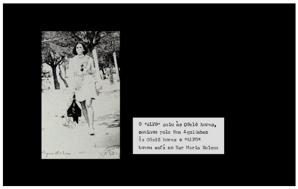 Fotografia de Dora que refor&ccedil;a a assimetria entre retratista e retratado. Texto e foto coabitam, lembrando a materialidade dos &aacute;lbuns do Dops