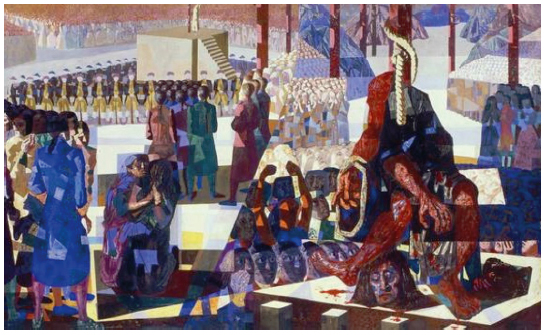 Painel Tiradentes, detalhe: o enforcamento e o corpo esquartejado de Tiradentes. Fonte: Portinari (1948)