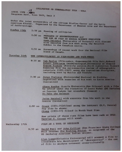Programa del UCLA Colloquium on Ethnographic Film, 1968