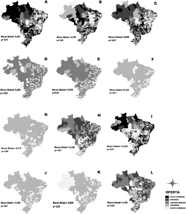 Distribuição da Estrutura que compõe a Rede de Atenção Psicossocial
                            por Região Imediata de Artculação Urbana no Brasil. A- UBS; B- SAMU; C-
                            CAPS I; D- CAPS II; E- CAPS AD; F- CAPSi; G- Pronto Socorro Geral; H-
                            Leitos Psiquiátricos; I- Hospital Geral; J- Hospital Dia; K- Hospital
                            Especializado; L- Pronto Atendimento.
