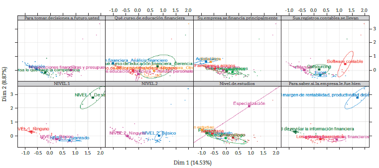 Agrupaciones según categorías formados por las variables del estudio, resaltando que los grupos que se encuentren más separados indican la influencia de la variable en las características de los gerentes.