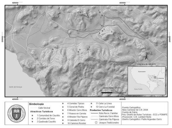 Mapa productos tur&iacute;sticos de la comunidad de Coyolito, Puntarenas, Costa Rica.