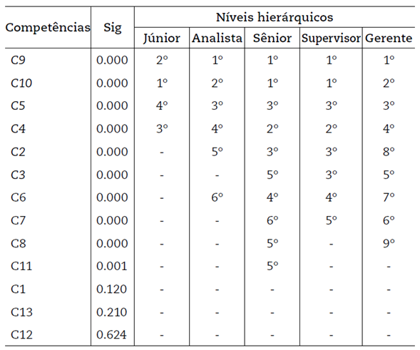 Compet�ncias t�cnicas por n�veis hier�rquicos