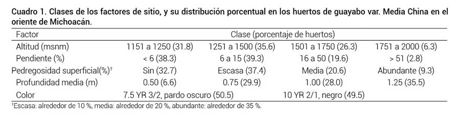 Cuadro 1. Clases de los factores de sitio, y su distribuci&oacute;n porcentual en los huertos de guayabo var. Media China en el oriente de Michoac&aacute;n. 