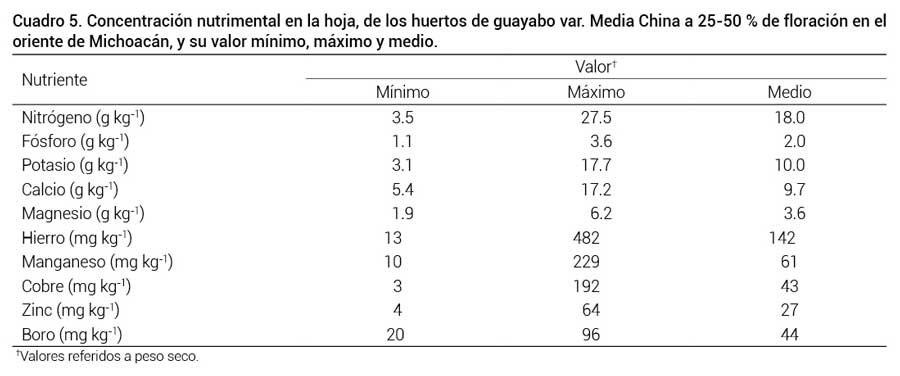  Cuadro 5. Concentraci&oacute;n nutrimental en la hoja, de los huertos de guayabo var. Media China a 25-50 % de floraci&oacute;n en el oriente de Michoac&aacute;n, y su valor m&iacute;nimo, m&aacute;ximo y medio. 