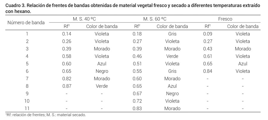 Cuadro 3. Relación de frentes de bandas obtenidas de material vegetal fresco y secado a diferentes temperaturas extraídocon hexano.