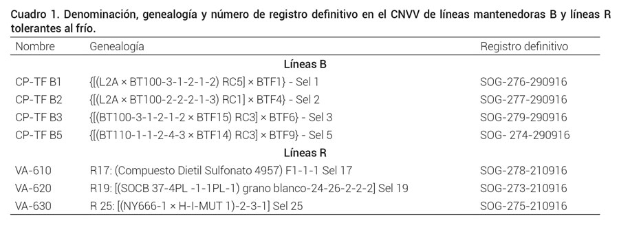 Cuadro 1. Denominaci&oacute;n, genealog&iacute;a y n&uacute;mero de registro definitivo en el CNVV de l&iacute;neas mantenedoras B y l&iacute;neas Rtolerantes al fr&iacute;o.
