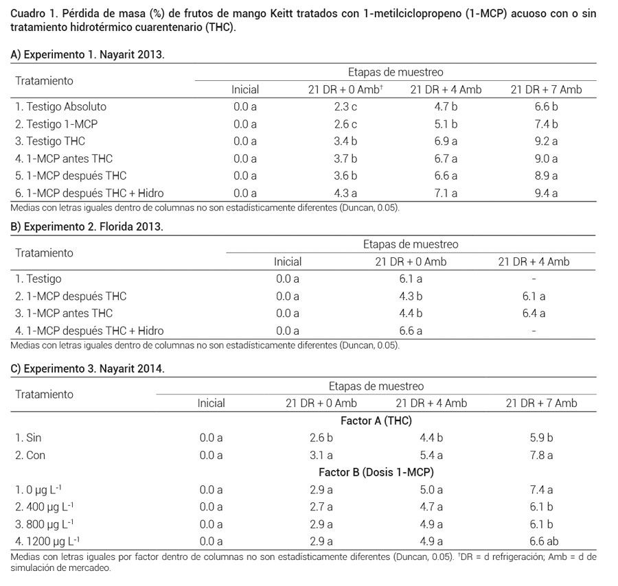 Cuadro 1. Pérdida de masa (%) de frutos de mango Keitt tratados con 1-metilciclopropeno (1-MCP) acuoso con o sin tratamiento hidrotérmico cuarentenario (THC).