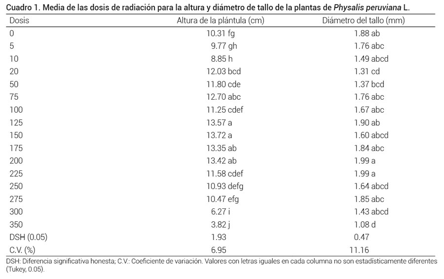 Cuadro 1. Media de las dosis de radiación para la altura y diámetro de tallo de la plantas de Physalis peruviana L.