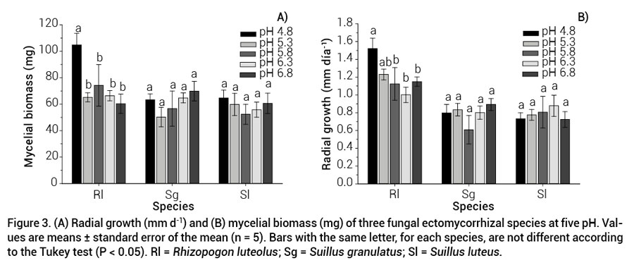 Figure 3. (A) Radial growth (mm d-1) and (B) mycelial biomass (mg) of three fungal ectomycorrhizal species at five pH. Valuesare means ± standard error of the mean (n = 5). Bars with the same letter, for each species, are not different accordingto the Tukey test (P < 0.05). Rl = Rhizopogon luteolus; Sg = Suillus granulatus; Sl = Suillus luteus.
