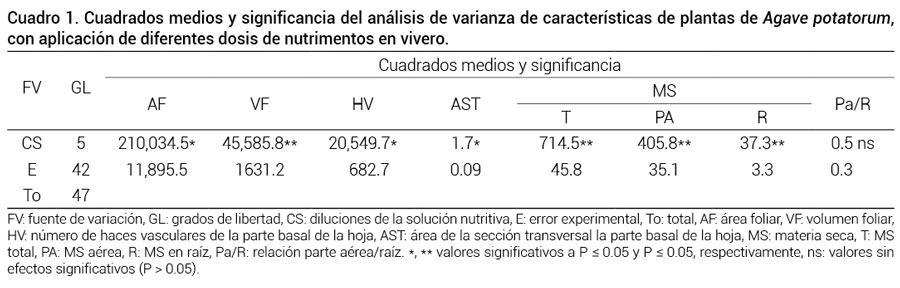 Cuadro 1. Cuadrados medios y significancia del an&aacute;lisis de varianza de caracter&iacute;sticas de plantas de Agave potatorum, con aplicaci&oacute;n de diferentes dosis de nutrimentos en vivero.