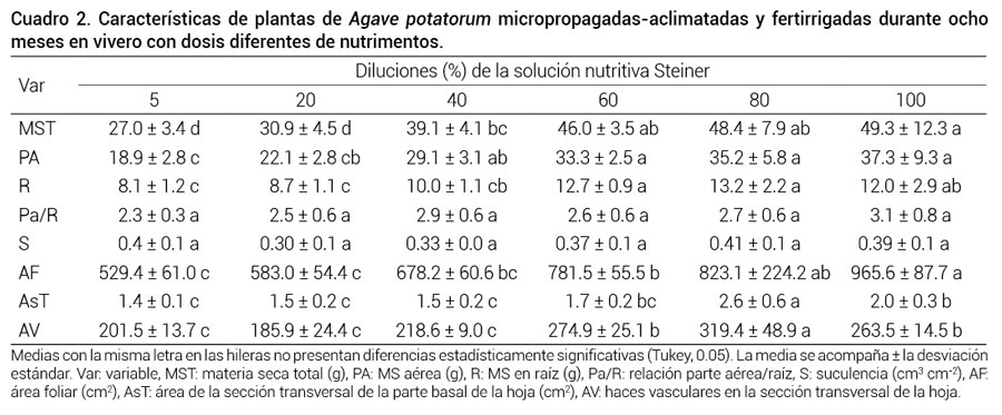 Cuadro 2. Caracter&iacute;sticas de plantas de Agave potatorum micropropagadas-aclimatadas y fertirrigadas durante ocho meses en vivero con dosis diferentes de nutrimentos.