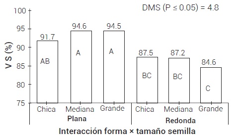 Vigor (VS) de dos formas y tres
tama&ntilde;os de semilla del h&iacute;brido de ma&iacute;z H-135. Medias con letras iguales no son estad&iacute;sticamente diferentes (Tukey, 0.05).
