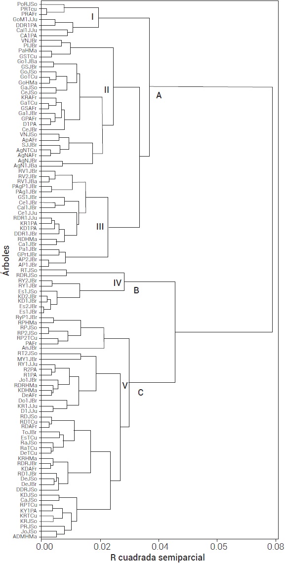 Dendrograma obtenido mediante análisis de agrupamiento con el método de Ward de 103 árboles de manzana del municipio de Zacatlán, Puebla. 



 