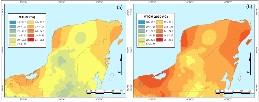 Temperaturas medias del mes más frío (MTCM) para
clima contemporáneo (a) y futuro (b) para la Península de Yucatán.