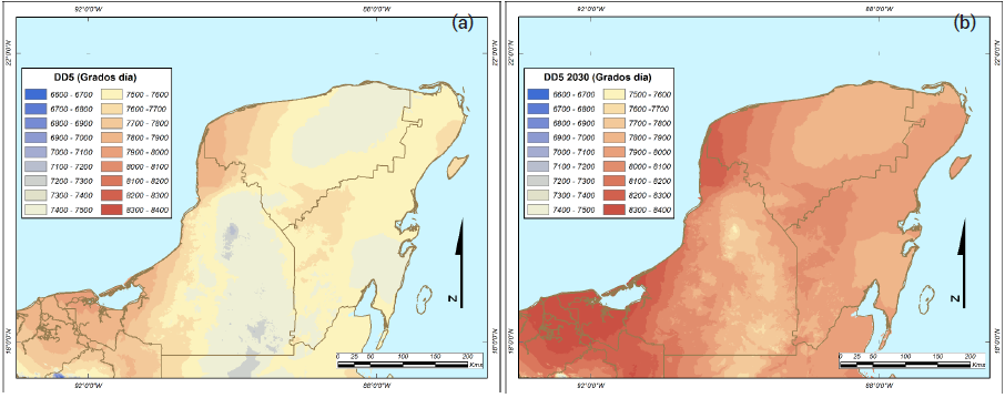 Grados día anuales > 5 ºC
(DD5) para clima contemporáneo (a) y futuro (b) para la Península de Yucatán.