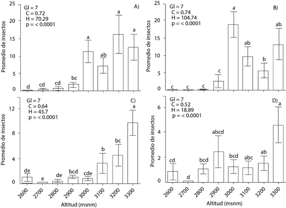 Prueba de Kruskal-Wallis de los valores promedio del n&uacute;mero de insectos de Dendroctonus adjunctus (A y C) y D. brevicomis (B y D) a lo largo del gradiente altitudinal de los transectos A (A y B) y B (C y D) en Santa Rita, Arteaga Coahuila, M&eacute;xico. Las barras indican medias (&plusmn; error est&aacute;ndar). Medias con letras iguales (min&uacute;sculas) no son estad&iacute;sticamente diferentes (Kruskal-Wallis, 0.05). Gl: grados de libertad, C: factor de correcci&oacute;n del estad&iacute;stico por observaciones empatadas, H: estad&iacute;stico de la prueba no corregido por empates; p: significancia estad&iacute;stica.