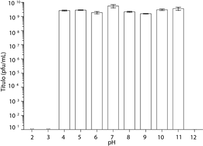 Estabilidad del bacteri&oacute;fago ΦRSP a distintos valores de pH. El fago es estable entre valores de pH de 4 a 11.