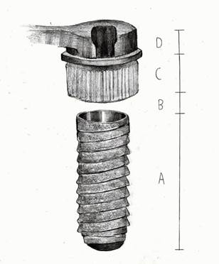 Dimensiones de los componentes; A: longitud del implante, B: distancia desde la plataforma del implante hasta la base del casquillo, C: altura del casquillo, D: altura adicional de la cucharilla