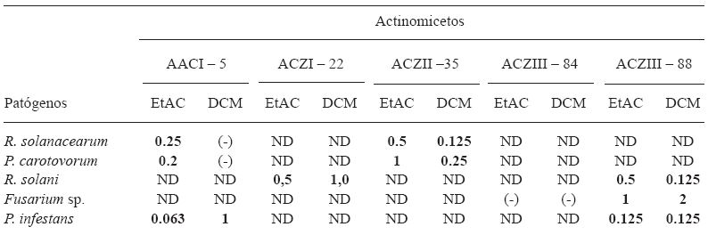 Concentraci&oacute;n M&iacute;nima Inhibitoria (mg.ml-1) de extractos crudos de actinomicetos.