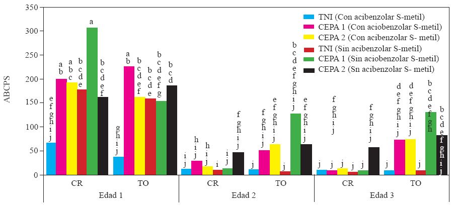 Experimento 1. Efecto de interacci&oacute;n Edad de la planta X Genotipo X Inductor de Resistencia X Inoculaci&oacute;n con Phytophthora capsici sobre el &aacute;rea bajo la curva del progreso de la severidad de la marchitez del chile (Capsicum annuum L.) cultivado en suelo no esterilizado de la Vega de Metztitl&aacute;n Hidalgo (VMH). Las cepas del oomiceto fueron aisladas de plantas de chile serrano de la VMH. La inoculaci&oacute;n de realiz&oacute; con 105  zoosporas por planta a los 45 d&iacute;as despu&eacute;s del trasplante. Promedios de diez repeticiones. Las medias con la misma letra son estad&iacute;sticamente iguales (Tukey α=0.5). Edad 1, 2 y 3=trasplante a 45, 30 y 15 d&iacute;as despu&eacute;s de la siembra. CR = cv Camino Real (Harris Moran). TO=cv criollo de Tetela de Ocampo, Puebla. TNI=testigo no inoculado con P. capsici, suelo no esterilizado.