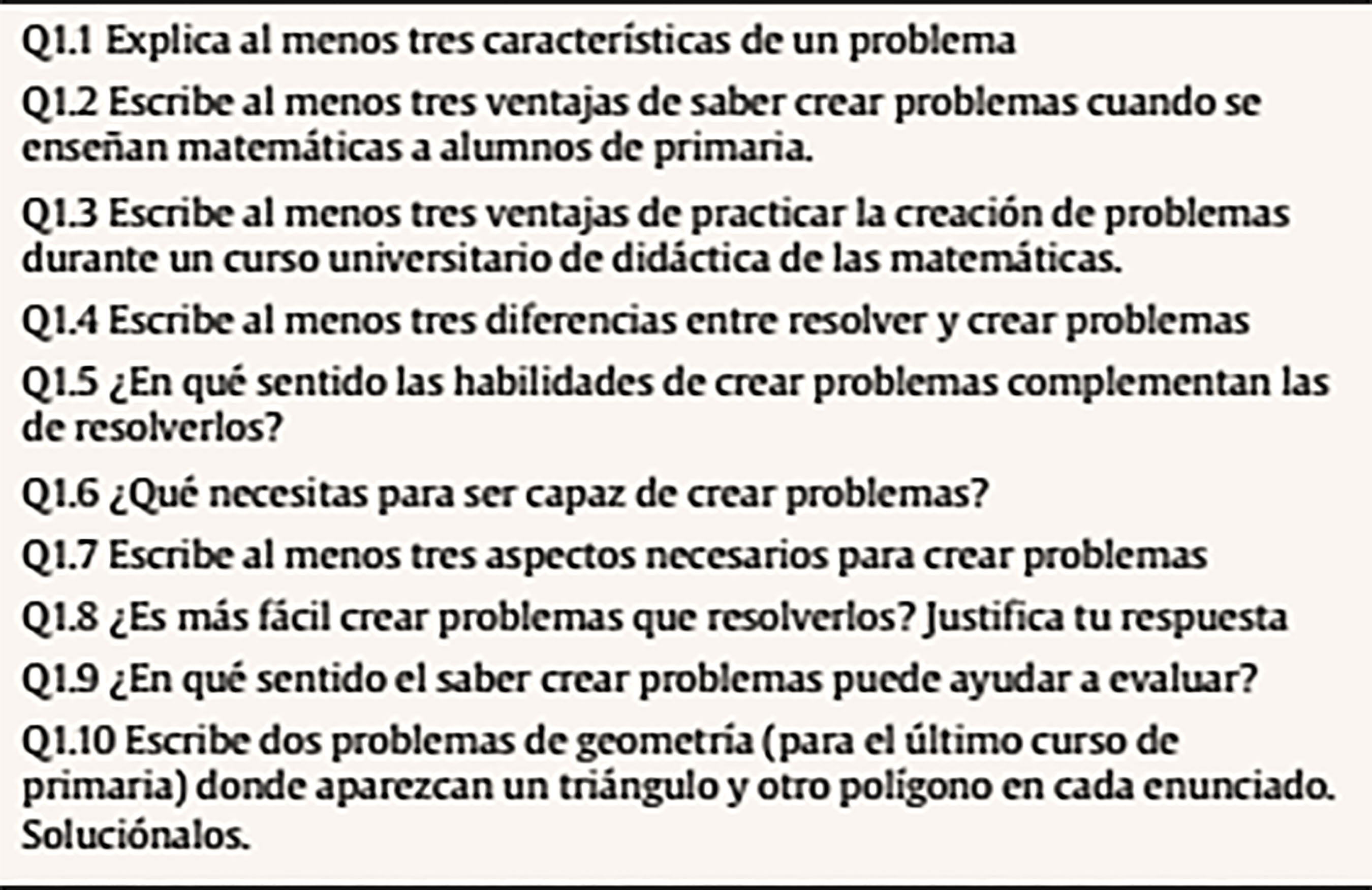 Cuestionario 1 (Q1) sobre las características de un problema, requisitos para saber crearlos y utilidad para enseñar a resolverlos