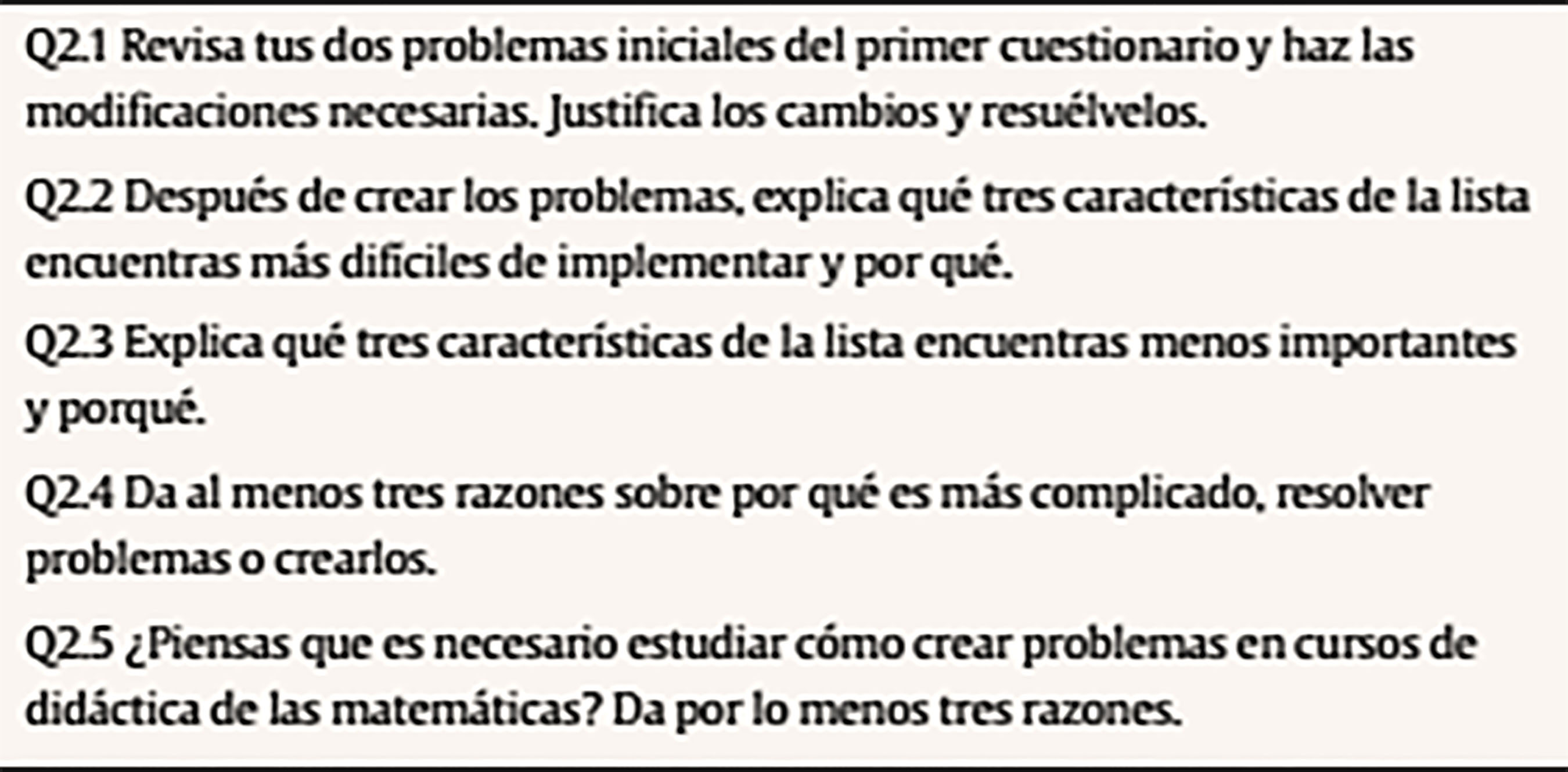 Cuestionario 2 (Q2) sobre las características presentes y no presentes de los problemas que los mismos participantes han creado