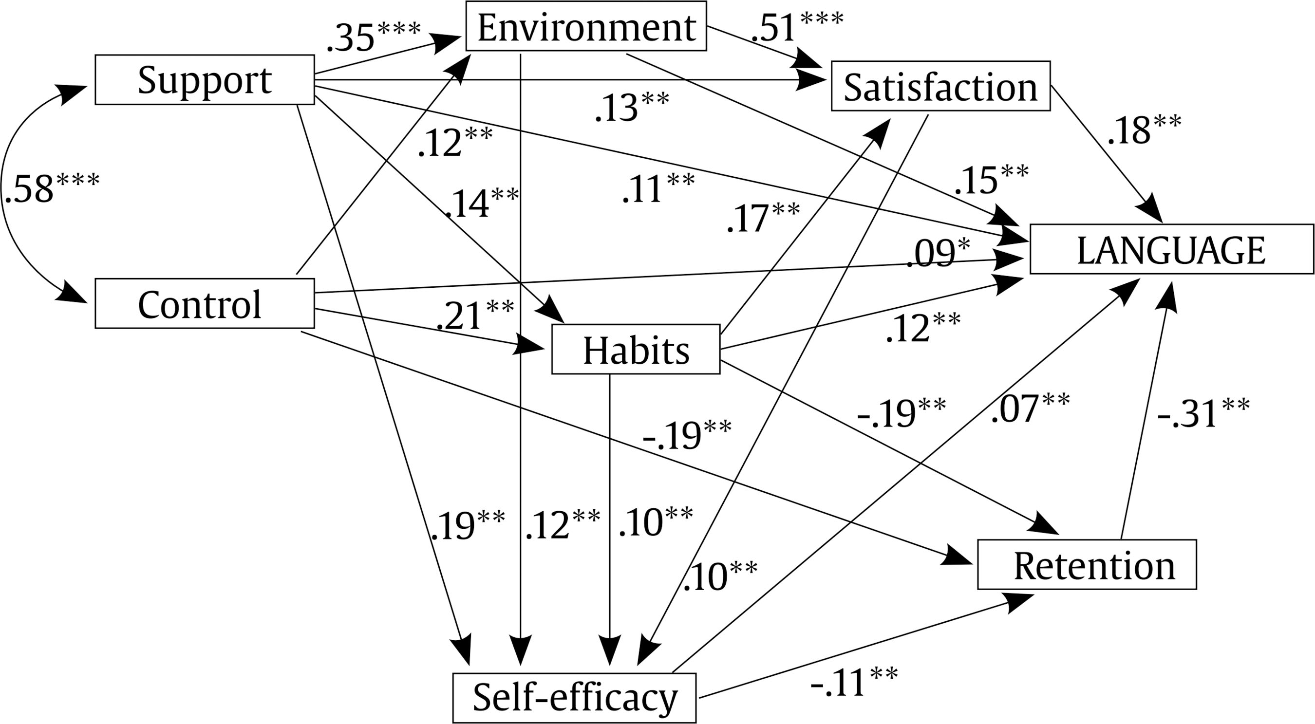 Structural Equation Model for Language Performance.