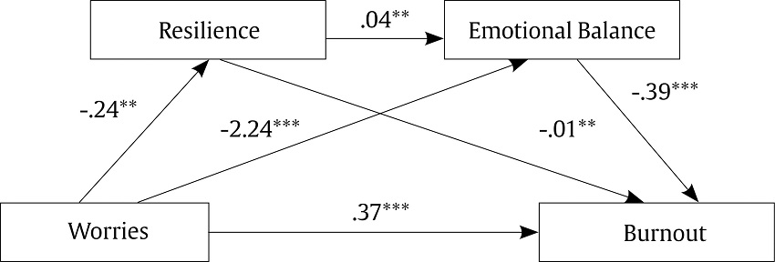 Model of Multiple Mediation: Resilience and Subjective Well-being Mediate the Relationship between Worries about COVID-19 and Teachers Burnout Controlling for Pre-pandemic Mental Health Problems.