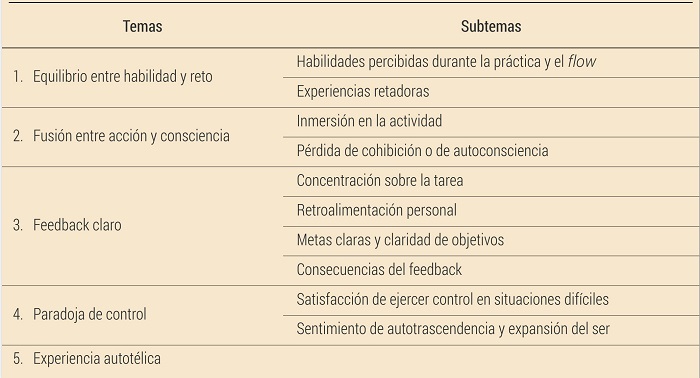 Organizaci&oacute;n de los temas y subtemas en base a las categor&iacute;as a partir de Csikszentmihalyi y Selega (1990)