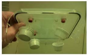 Tapa de una caja herm&eacute;tica con los recipientes para el carb&oacute;n. Se usaron 2 de los 4 recipientes mostrados