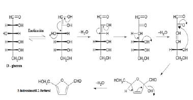 Formación del 5-hidroximetil-2-furfural a partir de una aldohexosa (D-glucosa) en medio ácido [1]